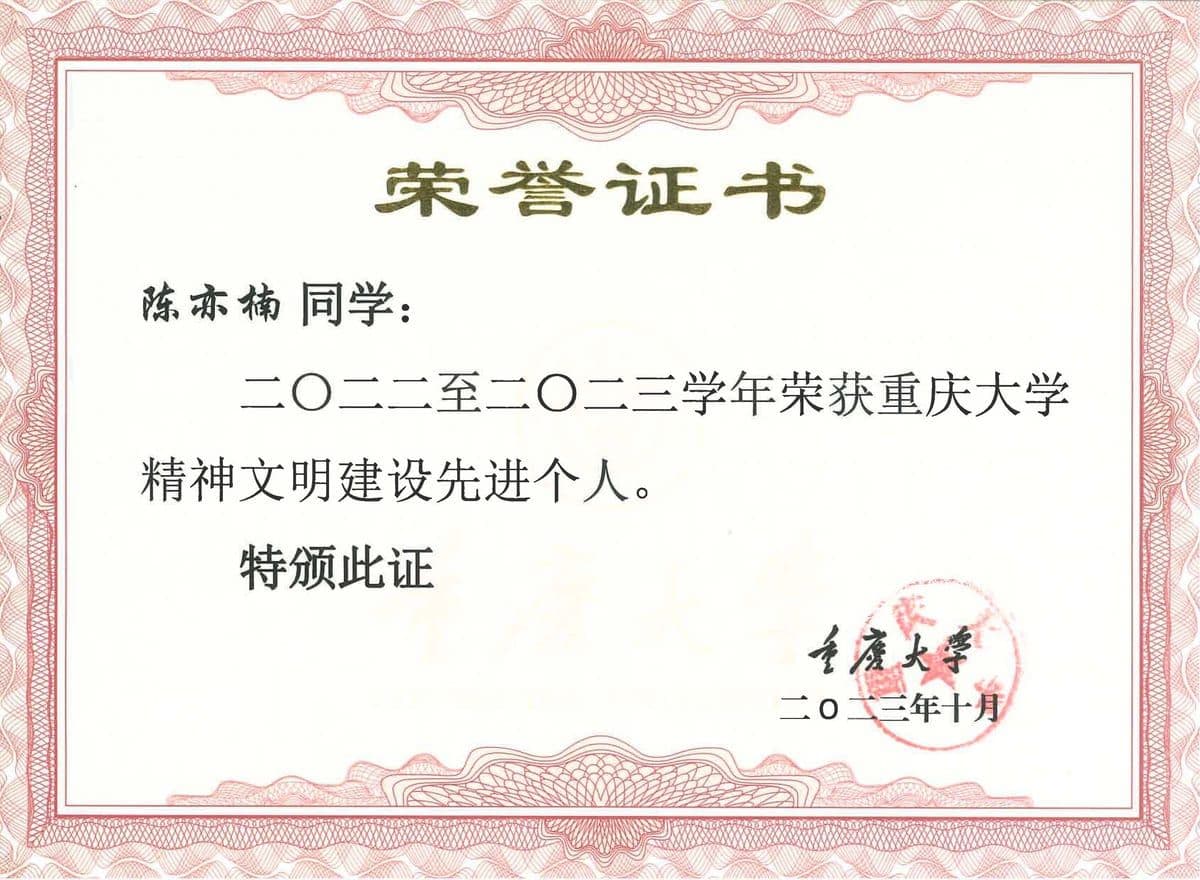 重庆大学精神文明先进个人